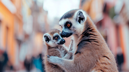 Obraz premium Close-up portrait of adult lemur affectionately nuzzling its baby, showcasing their tender bond and expressive features against soft, warm bokeh background