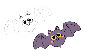 Cute bat halloween trace and coloring pages for kids Printable fun Halloween activity worksheet
