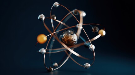 Detailed three dimensional model of an atom with orbiting electrons and a central nucleus on a dark background