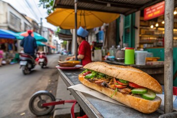 Close up of a delicious banh mi sandwich on a street food stall in vietnam