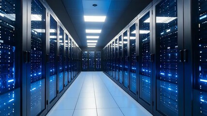 Interior perspective view of server room corridor, rows of modern computer server racks with blinking blue lights along an empty hallway.