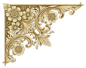 Ornate floral corner design in gold on a transparent background. Features intricate leaves and flowers, suitable for decorative purposes.
