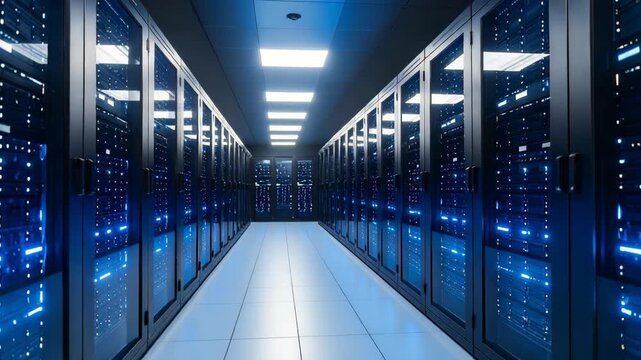 Interior perspective view of server room corridor, rows of modern computer server racks with blinking blue lights along an empty hallway.