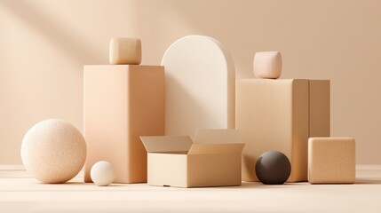 Minimalist composition with geometric shapes and open cardboard box in soft beige tones