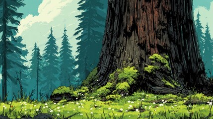 Close up of a large tree trunk with green vegetation and coniferous trees in the background