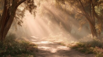 Plakat Sunbeams filtering through dense foliage onto a winding dirt path in a misty forest landscape