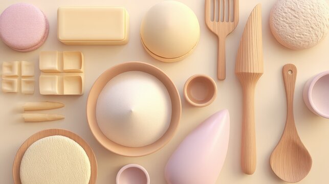 Stylized overhead view of baking tools and ingredients in soft pastel colors