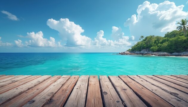 Wooden pier extends over calm turquoise ocean water toward lush green island shore under bright blue sky with white clouds. Gentle waves lap at sandy beach.