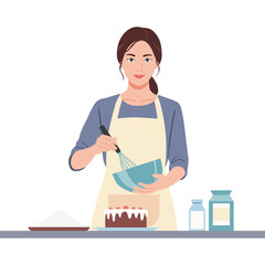 smiling woman in an apron is baking a cake, whisking ingredients in a bowl. Ingredients and the finished cake are on the table