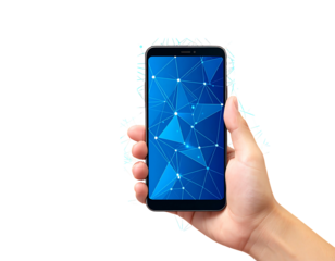 Hand holds a phone with a blue network pattern screen against a black background, isolated from the background