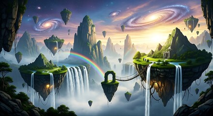 Fantasy Floating Islands with Rainbow and Galaxies An Aesthetic Background