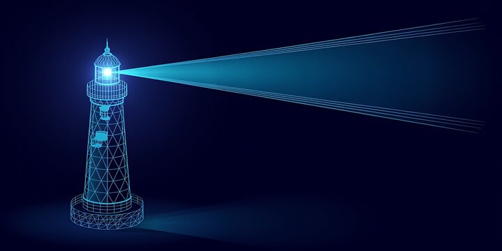 Wireframe lighthouse emitting a bright blue beam of light against a dark blue background High-Tech Futuristic Interface Background - Powered by Adobe