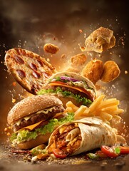 Mouthwatering fast food assortment featuring burgers pizza wrap fries and chicken nuggets creating a culinary explosion