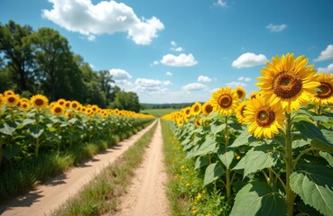 Obraz premium Dirt road leads through vast field of blooming sunflowers under bright blue sky with white clouds. Tall green stalks, large yellow flower heads create vibrant natural landscape. Trees line distant