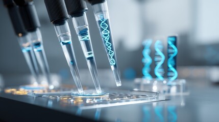 Scientific research experiment showing pipettes transferring glowing blue DNA double helix structures in a modern laboratory setting