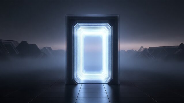 Futuristic glowing portal gateway in a mysterious, foggy, dimly lit environment, evoking a sense of wonder and exploration into the unknown, a portal to another dimension or a new beginning