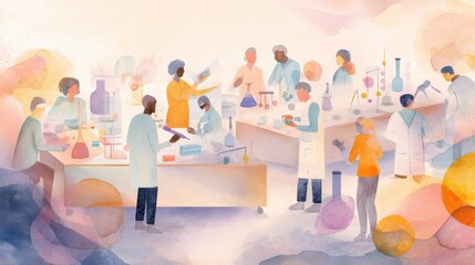 Collaborative research team conducting experiments in a bright, modern science laboratory