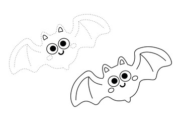 Cute bat halloween trace and coloring pages for kids Printable fun Halloween activity worksheet