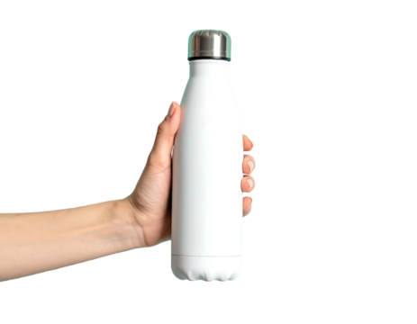 Hand holds a sleek white metal bottle with a silver top against a stark black background