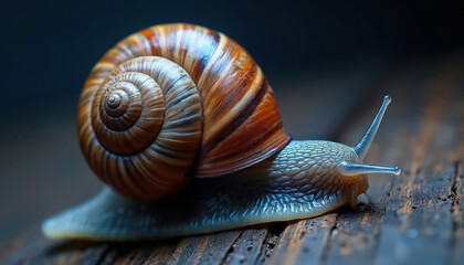 Macro photo of garden snail on rough wood surface. Spiral shell pattern and antennae detail visible. Small mollusc moves slowly across weathered planks.