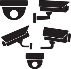 Security camera silhouette set — minimal black vector icons showing CCTV, surveillance, and monitoring devices for security, technology, and smart home project