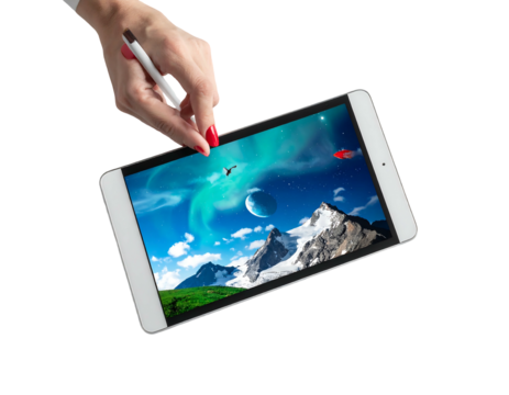 Hand holds a stylus pointing to a tablet screen showcasing a fantasy landscape with mountains and planets