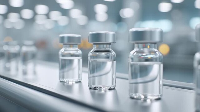 Pharmaceutical drug development process with clear glass vials containing liquid on conveyor belt in modern laboratory environment showing production and medical research in laboratory