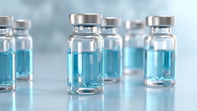 Glass vial with blue liquid medical container metal cap injection vaccine pharmaceutical vials drug development medical research progress clean laboratory innovation health safety healthcare