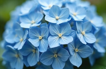 Close up of many light blue hydrangea flowers blooming in a garden. Delicate petals with yellow centers create a natural floral pattern. Soft green foliage provides a blurred background.