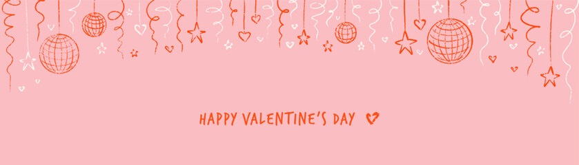 Hand drawn crayon, pencil, chalk doodle pink whimsical background. Valentines day, girly birthday, bachelorette party, wedding, woman disco ball club, Christmas and New year feminine sketch design