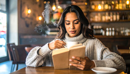 A girl enjoying reading a book in the cozy cafe 