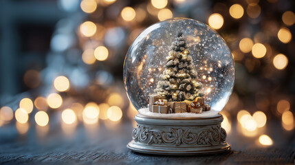 クリスマスツリーとプレゼントが入った、美しいスノードームの写真
