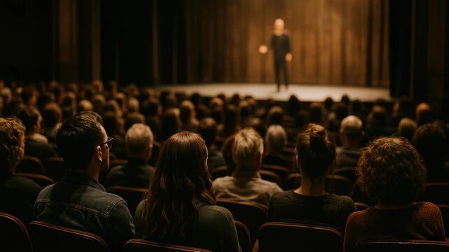 A video still capturing an audience from a rear angle, focused on a speaker on stage. The warm lighting creates an intimate, engaging atmosphere.