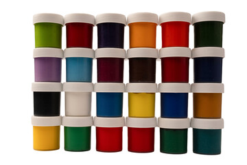 Gouache colorful paints set. Jars of gouache paint isolated on a white background.