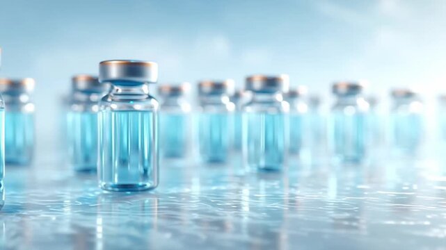 Pharmaceutical drug development concept featuring multiple glass vials filled with blue liquid arranged on reflective surface under soft light for medical research innovation progress