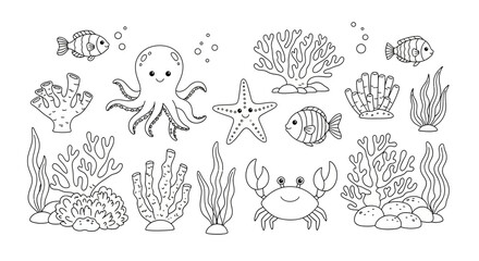 Charming underwater world sketch featuring adorable marine creatures and whimsical coral formations