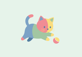 Obraz premium A playful, colorful kitten in a minimalist flat design style pounces on a small ball.