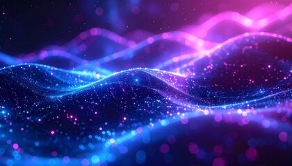Abstract glowing waves of light particles creating a futuristic digital network on a dark background with purple and blue hues