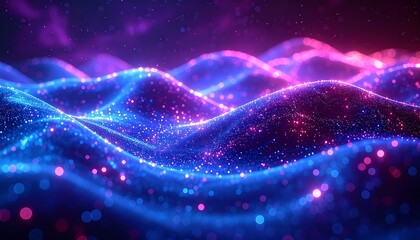 Obraz premium Abstract Digital Landscape Glowing Particles and Waves in Blue and Pink