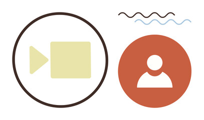 Video play button inside a circle next to a user profile icon with wave lines above. Ideal for online communication, video conferencing, remote work, social connection, networking, media sharing