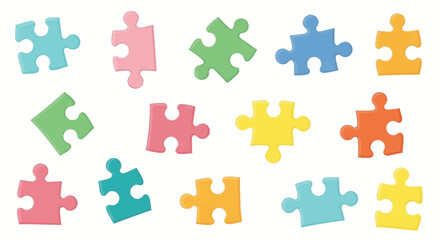 Naklejka premium Colorful jigsaw puzzle pieces scattered on a white background symbolizing unity strategy