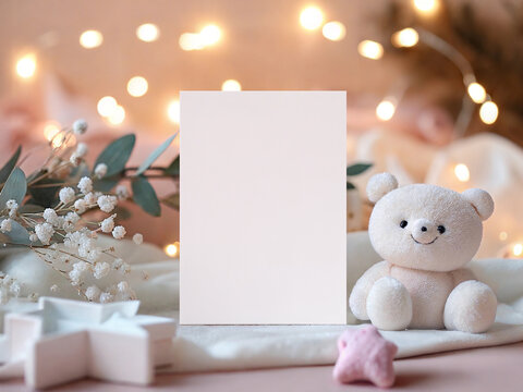 Soft Teddy Bear and Fairy Lights with Blank Card Mockup &ndash; Baby Shower Invitation Scene
