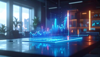 Futuristic holographic financial data analysis chart displaying upward trend on a modern office table