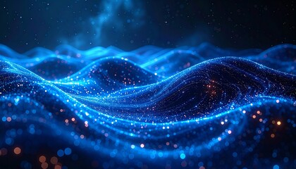 Abstract visualization of a futuristic digital network with glowing data particles flowing in undulating waves across a dark background, representing technology and innovation