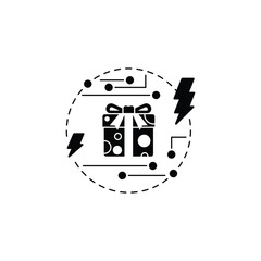A creative smart bundle icon representing a high-tech delivery system. The black package with circular digital patterns, surrounded by dotted lines and lightning bolts, symbolizes speed, innovation
