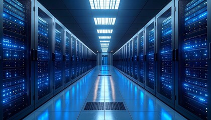 Illuminated corridor of advanced server racks in a modern data center, symbolizing the core infrastructure of global digital connectivity and high-speed data processing