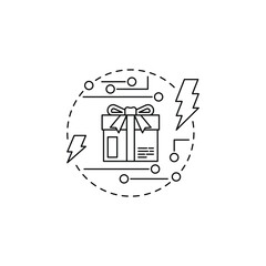 A creative smart bundle icon representing a high-tech delivery system. The black package with circular digital patterns, surrounded by dotted lines and lightning bolts, symbolizes speed, innovation