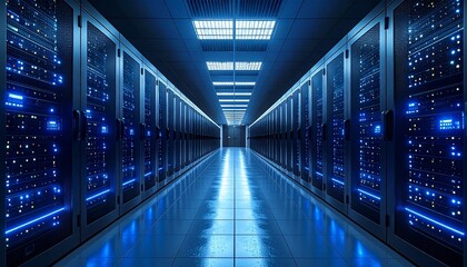 Fototapeta premium Data Center Corridor Server Racks Illuminated in Blue Light, Representing Digital Connectivity & Technology