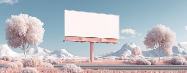 Billboard in Serene Landscape: A large, blank billboard stands prominently amidst a tranquil landscape, offering ample space for advertising against a backdrop of mountains and a clear sky. 