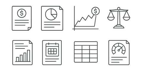 Set of six different graphs and charts, including a balance scale